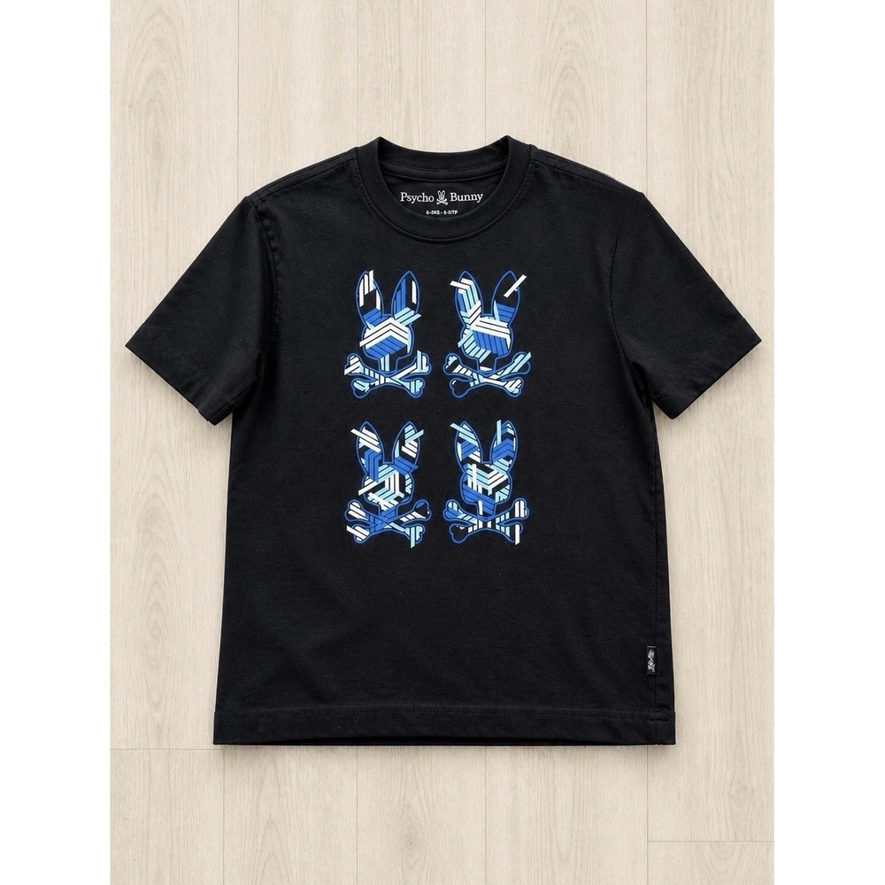 Psycho Bunny Plaza Tee Boys XS 5/6 Black Graphic T Shirt Blue Logo